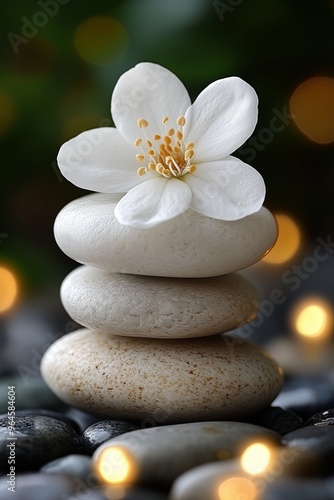 Elegant stack of smooth stones with a white flower, creating a serene atmosphere.