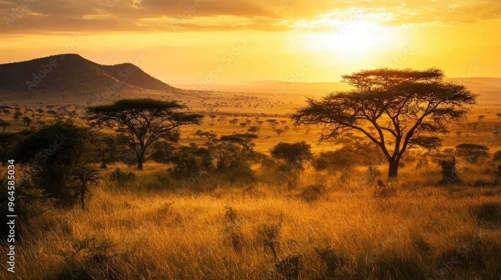 The dramatic landscape of Serengeti National Park, with rolling hills, acacia trees, and a golden sunset. The dramatic landscape of Serengeti National Park, with rolling hills, acacia trees, and a golden sunset.