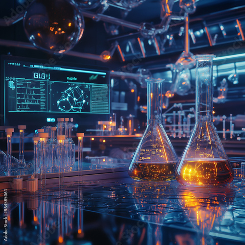 a 3D chemistry experiment setup with complex glassware, bubbling liquids, and a digital monitor showing 'Chemical Reaction in Process.