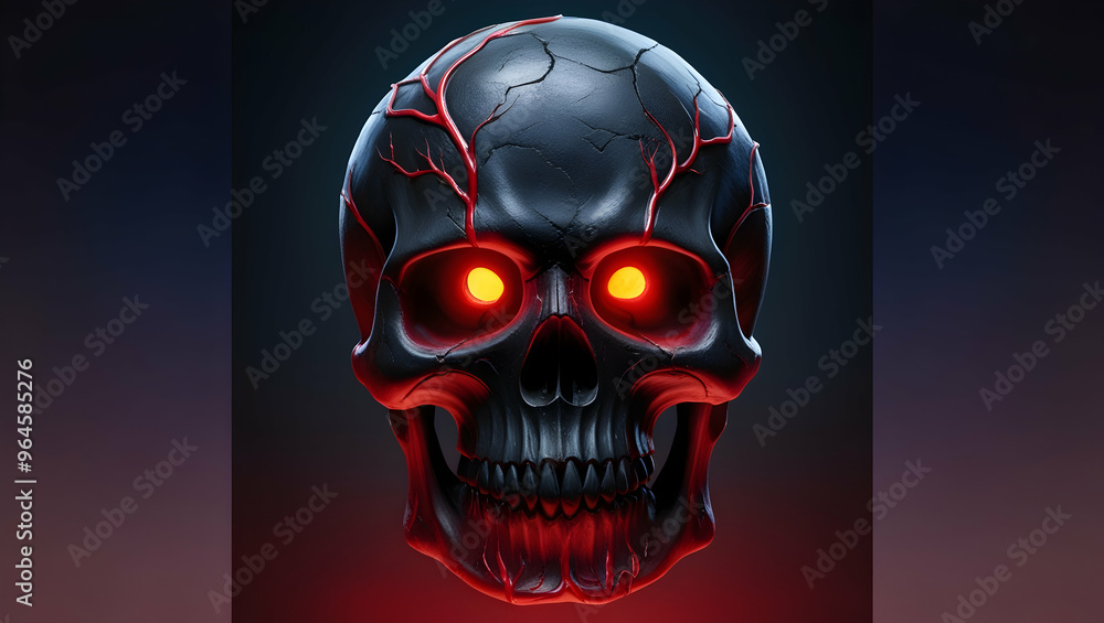 3D Illustration of a Skull with Red Eyes in a Dark Background 3D Illustration of a Skull with Red Eyes in a Dark Background