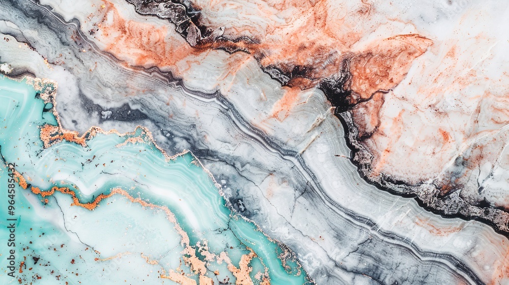 Fototapeta premium A captivating texture of marble forms a colorful background. The marble shows unique patterns and swirls, with a variety of colors blending together. This background has a rich and luxurious feel, wit