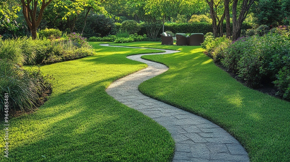 Garden stone walkway with lighted candles in the evening.landscape lawn with steping stone.photo Garden stone walkway with lighted candles in the evening.landscape lawn with steping stone.photo