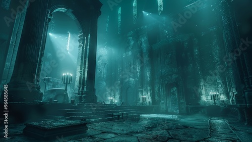 Mysterious Ancient Ruins with Gothic Architecture and Atmospheric Lighting in an Underwater Setting