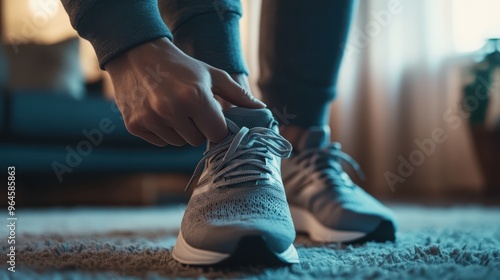 Detailed shot of a person putting on running shoes, laces in focus, blurred living room background, soft natural light, photorealistic. photo