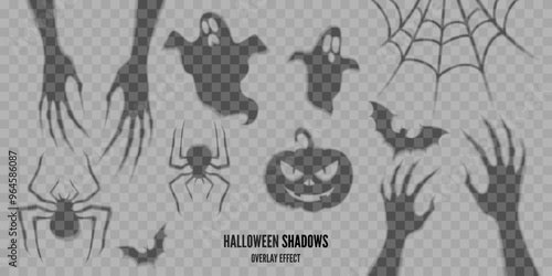 Halloween transparent shadows, overlay effect. Scary, spooky monster hands, ghosts, spiders, bats, pumpkin, spider web illustration. Vector decoration elements for halloween background, banners.