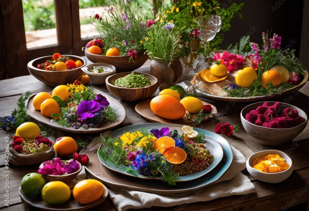 colorful appealing food spread featuring variety delicious dishes ingredients displayed beautiful table setting, appetizers, snacks, fruits, vegetables colorful appealing food spread featuring variety delicious dishes ingredients displayed beautiful table setting, appetizers, snacks, fruits, vegetables