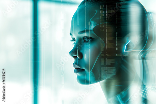 Portrait of a futuristic android woman with advanced technology data overlay 