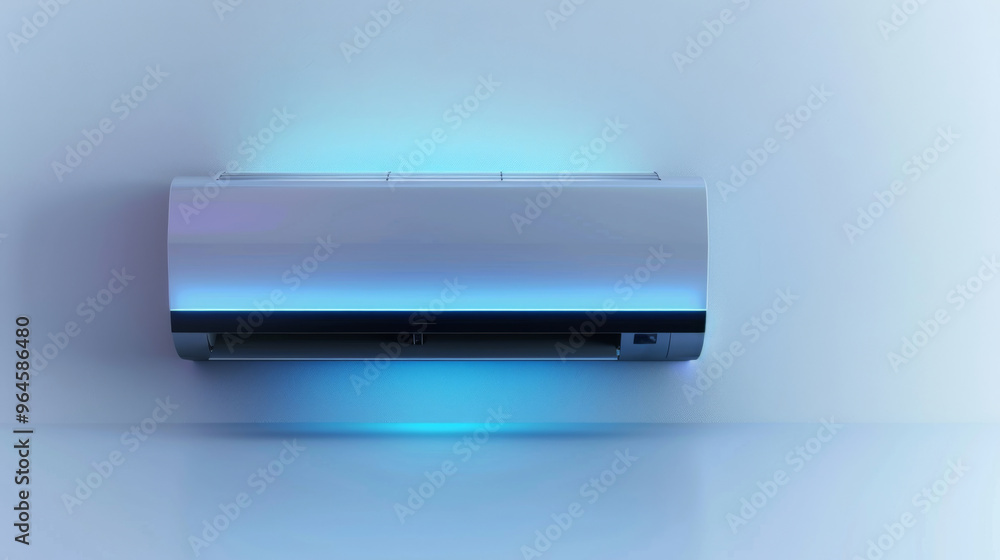 A sleek, modern air conditioner is installed on a wall, emitting a cool breeze in a contemporary living environment, enhancing comfort during warm summer days A sleek, modern air conditioner is installed on a wall, emitting a cool breeze in a contemporary living environment, enhancing comfort during warm summer days