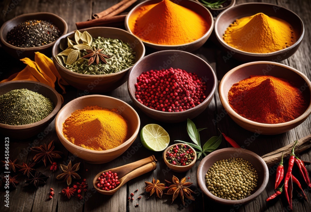 vibrant display colorful spices lively dishes arranged rustic wooden table textures natural elements, seasoning, ingredient, herb, culinary, meal, food vibrant display colorful spices lively dishes arranged rustic wooden table textures natural elements, seasoning, ingredient, herb, culinary, meal, food