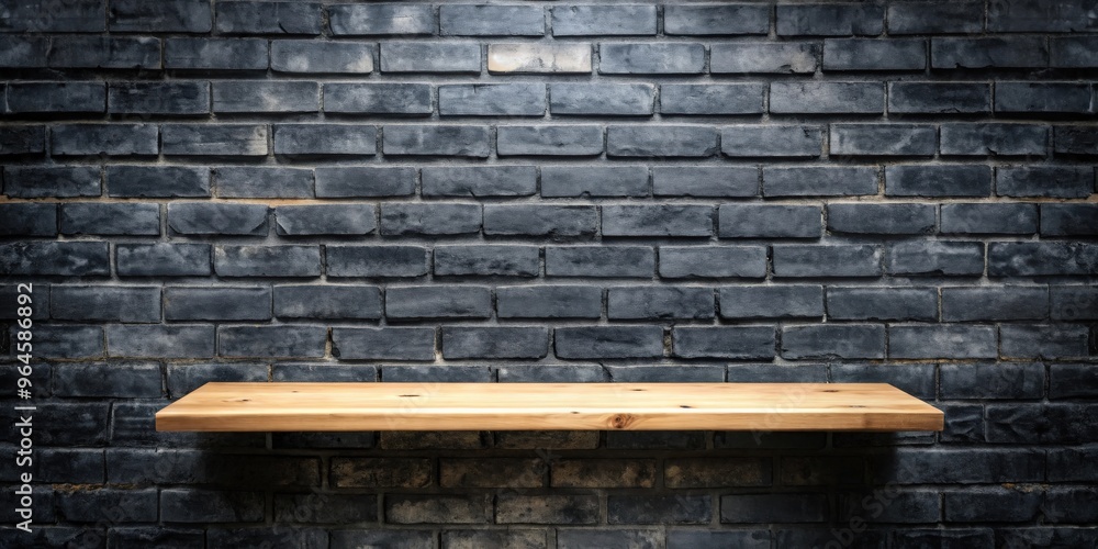 An empty wooden shelf on a pastel grunge black brick wall mockup for displaying home decor or products An empty wooden shelf on a pastel grunge black brick wall mockup for displaying home decor or products