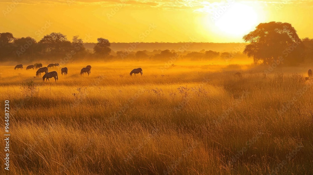 Obraz premium The golden grasslands of Kruger National Park at dawn, with a herd of zebras grazing in the distance.