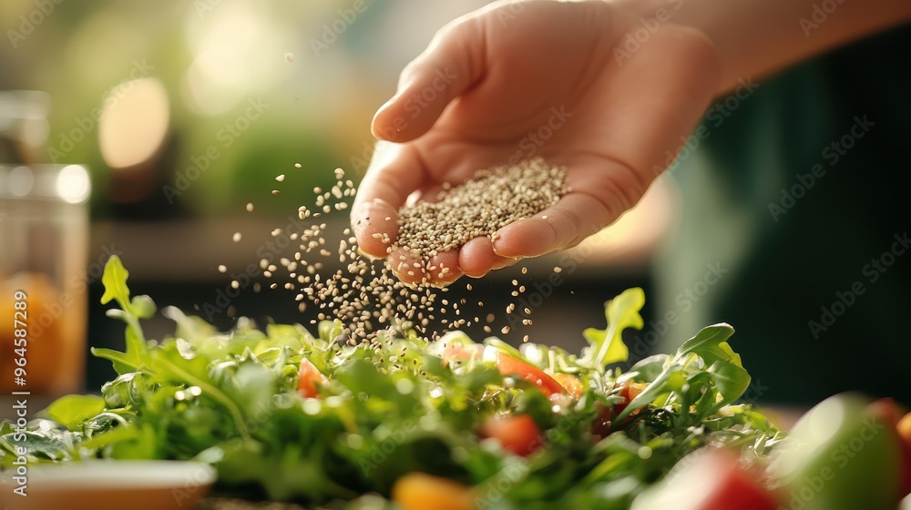 Close-up of a hand sprinkling seeds over a salad, focus on the texture of the seeds, blurred healthy kitchen setting in the background, soft light. Close-up of a hand sprinkling seeds over a salad, focus on the texture of the seeds, blurred healthy kitchen setting in the background, soft light.