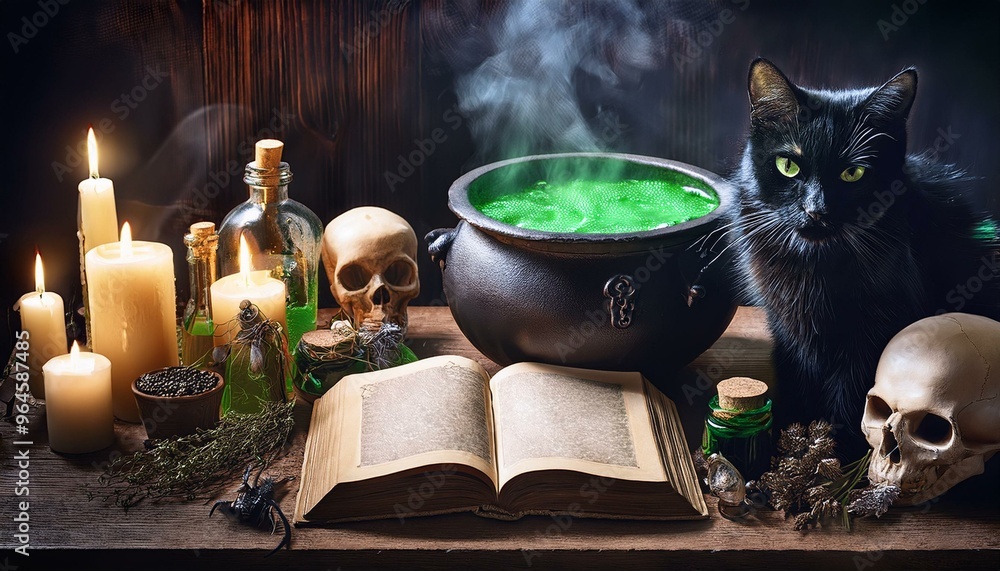Witch's Potion and Spells Book: A dark, moody scene featuring a wooden table filled with Halloween-themed items: an open ancient spell book, bubbling green potion in a cauldron, skulls, candles, hallo Witch's Potion and Spells Book: A dark, moody scene featuring a wooden table filled with Halloween-themed items: an open ancient spell book, bubbling green potion in a cauldron, skulls, candles, hallo