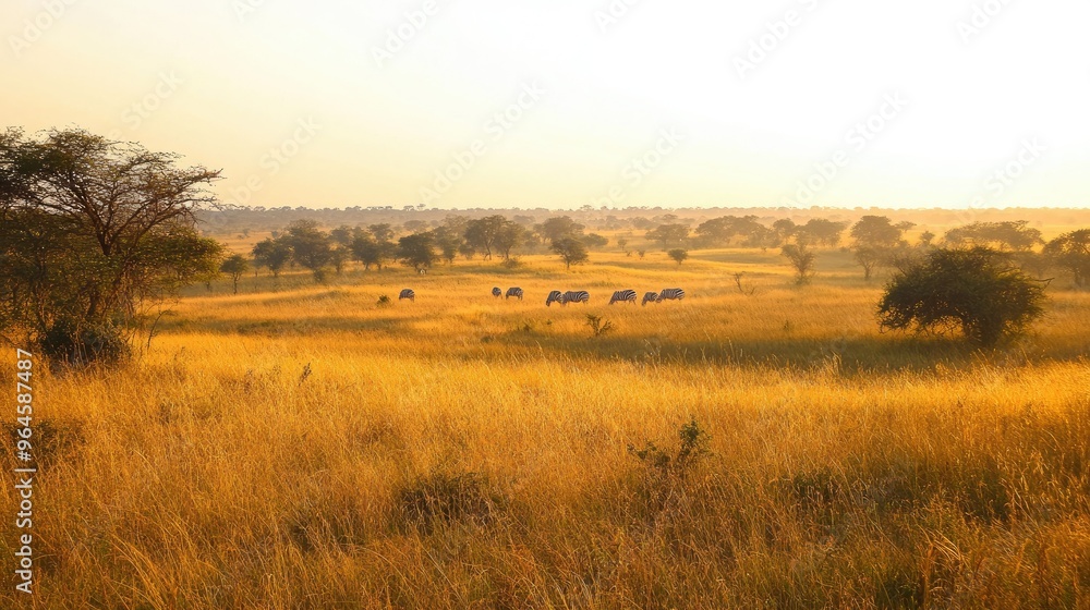 The golden grasslands of Kruger National Park at dawn, with a herd of zebras grazing in the distance. The golden grasslands of Kruger National Park at dawn, with a herd of zebras grazing in the distance.