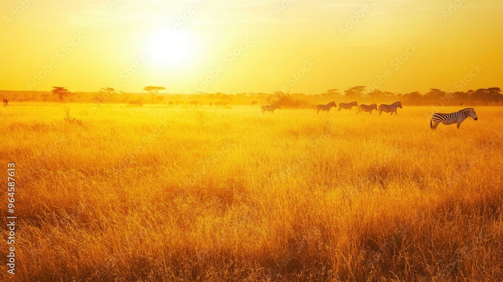 The golden grasslands of Kruger National Park at dawn, with a herd of zebras grazing in the distance. The golden grasslands of Kruger National Park at dawn, with a herd of zebras grazing in the distance.