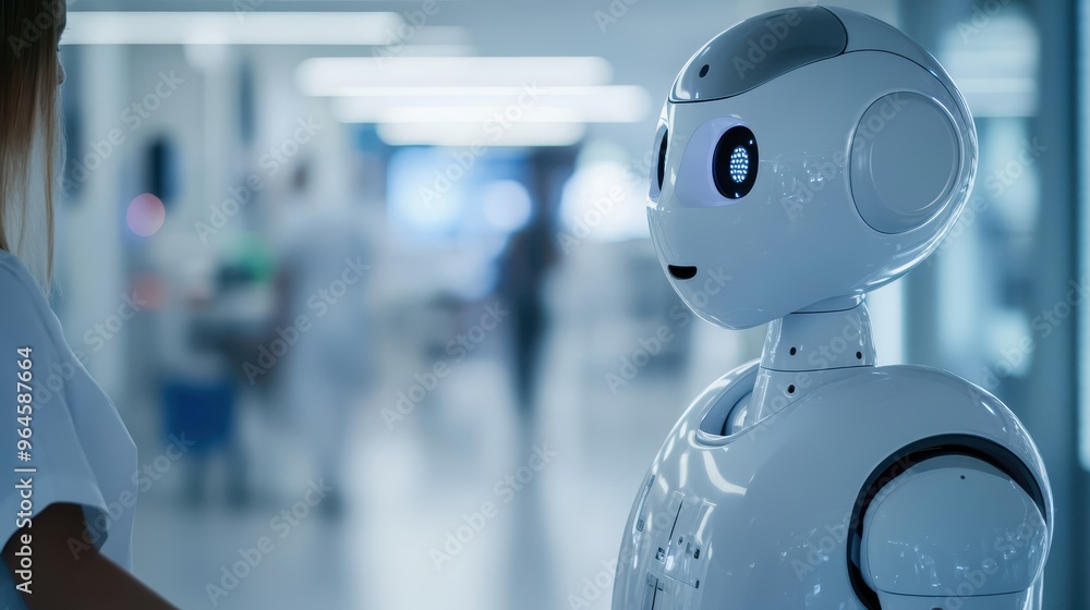 A person interacting with a humanoid healthcare robot, focus on robotic facial features, blurred high-tech hospital background, vibrant lighting. A person interacting with a humanoid healthcare robot, focus on robotic facial features, blurred high-tech hospital background, vibrant lighting.
