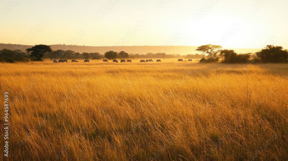 The golden grasslands of Kruger National Park at dawn, with a herd of zebras grazing in the distance. The golden grasslands of Kruger National Park at dawn, with a herd of zebras grazing in the distance.