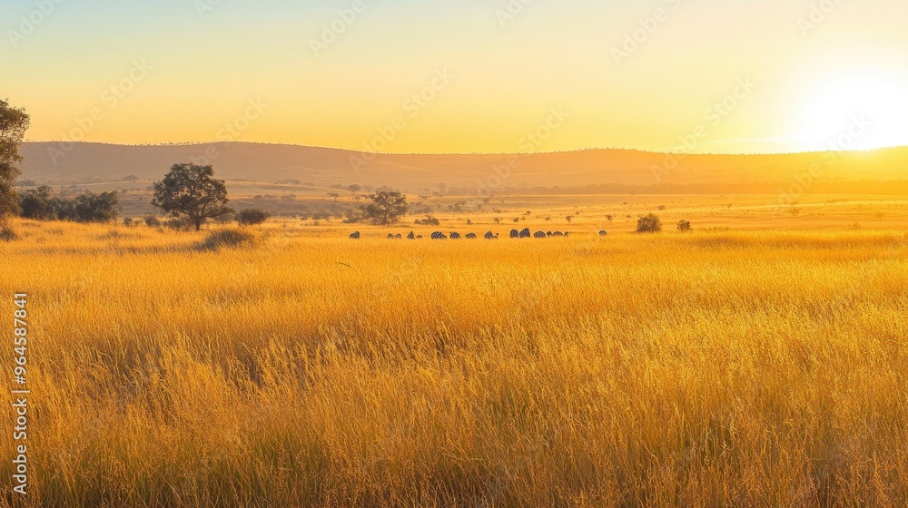The golden grasslands of Kruger National Park at sunset, with a herd of zebras grazing in the distance. The golden grasslands of Kruger National Park at sunset, with a herd of zebras grazing in the distance.