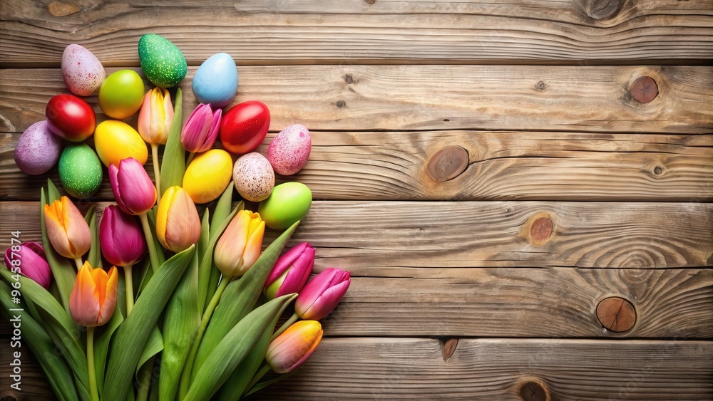 Easter eggs and tulips arranged beautifully on rustic wooden planks Easter eggs and tulips arranged beautifully on rustic wooden planks