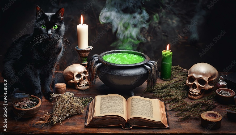Witch's Potion and Spells Book: A dark, moody scene featuring a wooden table filled with Halloween-themed items: an open ancient spell book, bubbling green potion in a cauldron, skulls, candles, hallo Witch's Potion and Spells Book: A dark, moody scene featuring a wooden table filled with Halloween-themed items: an open ancient spell book, bubbling green potion in a cauldron, skulls, candles, hallo