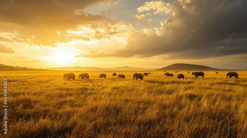 Obraz premium The golden grasslands of the Serengeti at sunrise, with a herd of elephants grazing in the distance.
