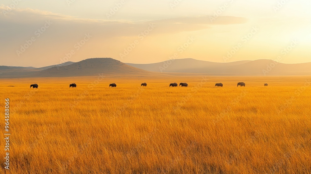 The golden grasslands of the Serengeti at sunrise, with a herd of elephants grazing in the distance. The golden grasslands of the Serengeti at sunrise, with a herd of elephants grazing in the distance.