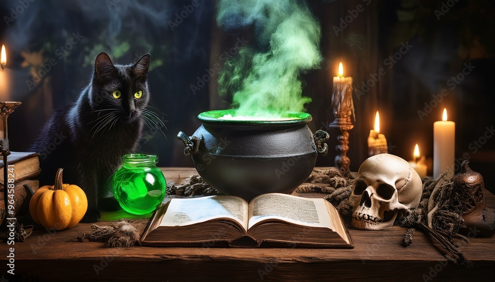 Witch's Potion and Spells Book: A dark, moody scene featuring a wooden table filled with Halloween-themed items: an open ancient spell book, bubbling green potion in a cauldron, skulls, candles, hallo Witch's Potion and Spells Book: A dark, moody scene featuring a wooden table filled with Halloween-themed items: an open ancient spell book, bubbling green potion in a cauldron, skulls, candles, hallo