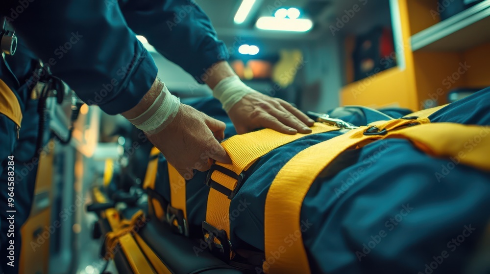 Close-up of a paramedic's hands stabilizing a patient on a spinal board, focus on the straps, blurred ambulance interior in the background. Close-up of a paramedic's hands stabilizing a patient on a spinal board, focus on the straps, blurred ambulance interior in the background.