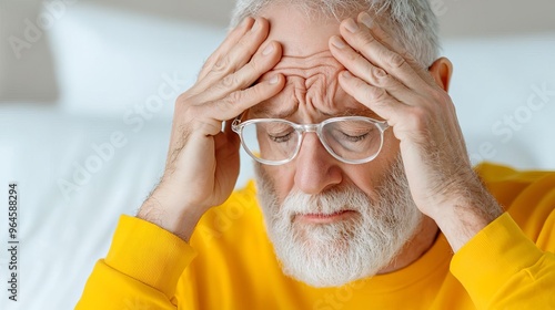 A middle-aged man sitting on the edge of his bed, holding his head with a frustrated expression, unable to sleep due to health problems