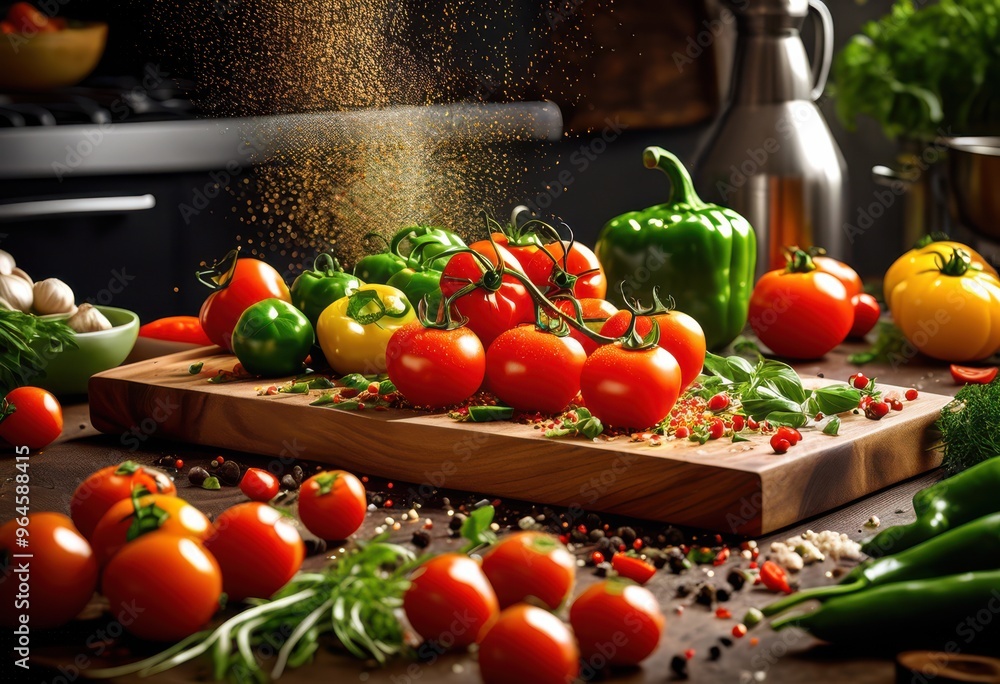 vibrant kitchen scene filled fresh ingredients culinary activity featuring colorful produce cooking utensils, appliances, bowls, chef, chopping, colors vibrant kitchen scene filled fresh ingredients culinary activity featuring colorful produce cooking utensils, appliances, bowls, chef, chopping, colors