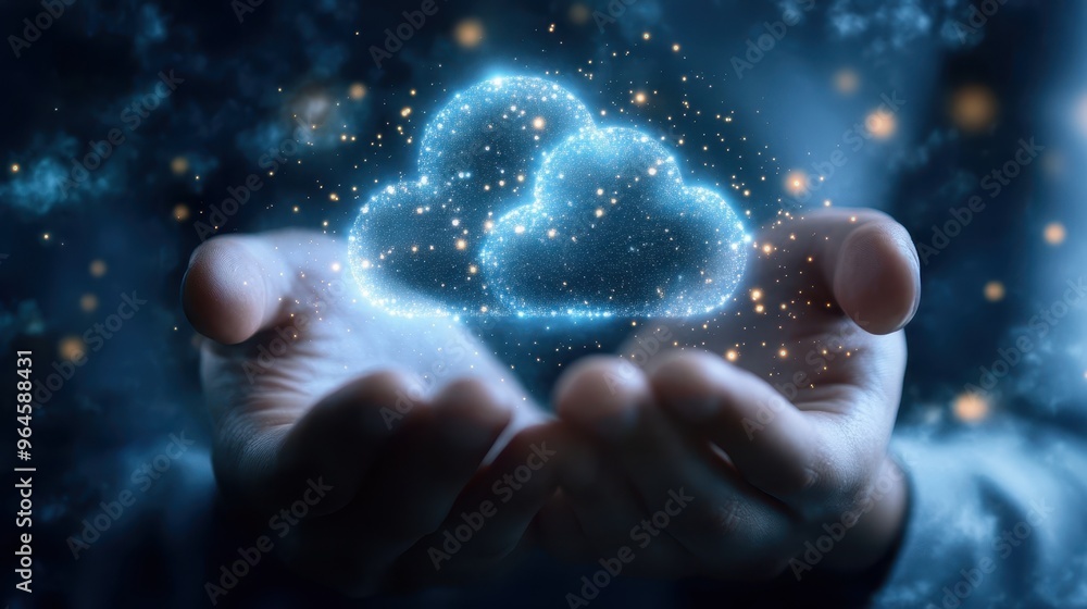 Hands interacting with a virtual health data interface, glowing cloud icon in the background, sharp focus on cloud computing elements. Hands interacting with a virtual health data interface, glowing cloud icon in the background, sharp focus on cloud computing elements.
