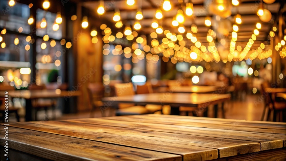 Empty wooden table in a cafe with golden bokeh lights in the background Empty wooden table in a cafe with golden bokeh lights in the background