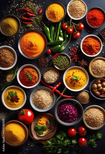 vibrant food visuals showcasing diverse culinary components colorful arrangement ingredients dishes, appetizing, aromatic, beautiful, bright, delicious