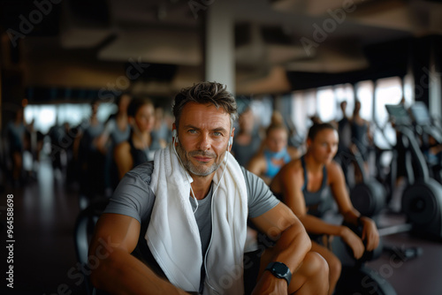 A man with a towel draped over his shoulders resting in the gym after exercise. Concept of well-being and health, self-care, and fitness recovery.