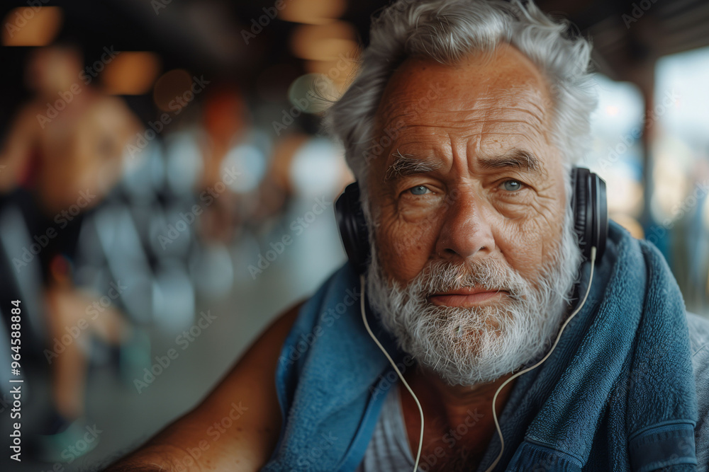 A middle-aged man with a white beard listening to music while resting from his gym routine. Physical exercise in older ages, healthy lifestyle, active aging A middle-aged man with a white beard listening to music while resting from his gym routine. Physical exercise in older ages, healthy lifestyle, active aging