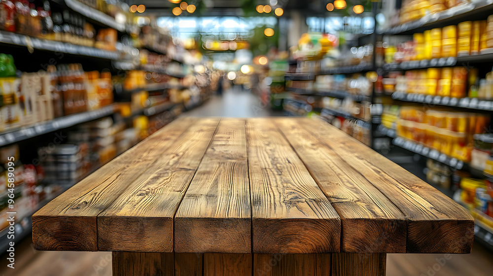 A wooden table in a grocery store aisle filled with various products. A wooden table in a grocery store aisle filled with various products.