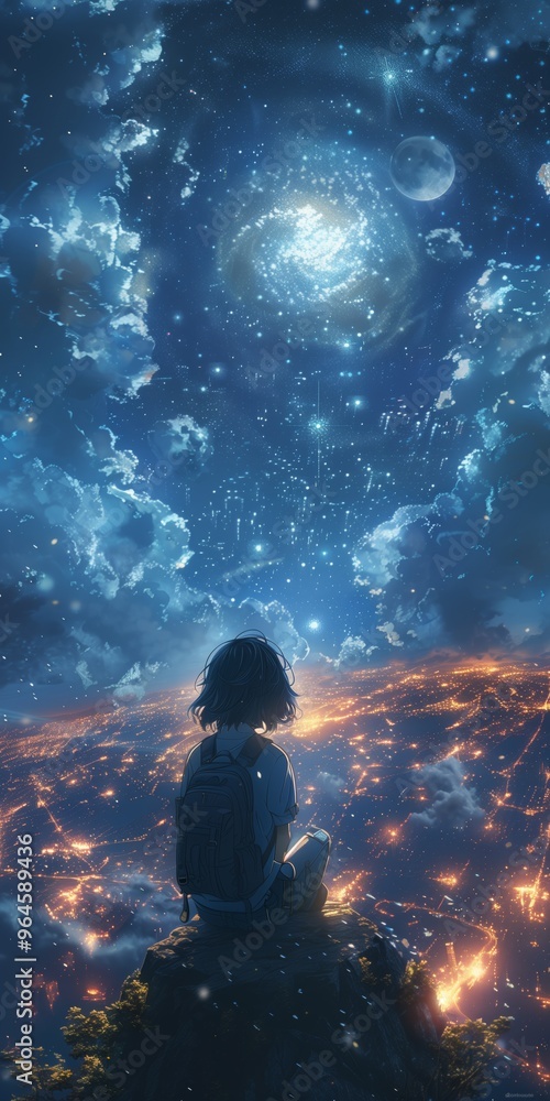 Fototapeta premium Gazing into Infinity: An Anime Figure Contemplates the Vast Cosmos Under a Starry Sky with City Lights Below