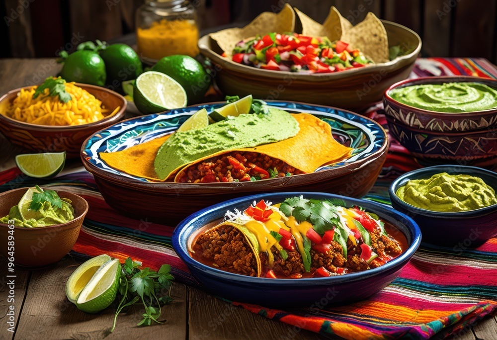 vibrant array colorful mexican dishes showcased rustic wooden table decorative elements, food, plating, ingredients, tacos, enchiladas, guacamole, salsa vibrant array colorful mexican dishes showcased rustic wooden table decorative elements, food, plating, ingredients, tacos, enchiladas, guacamole, salsa