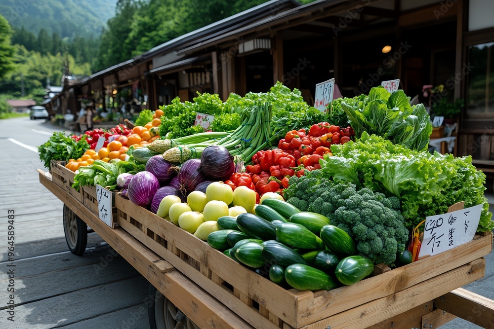 Japanese farm, hand-pulled cart loaded with fresh vegetables, market-bound showcases the fruits of the land, ready for the local farmers' market Japanese farm, hand-pulled cart loaded with fresh vegetables, market-bound showcases the fruits of the land, ready for the local farmers' market