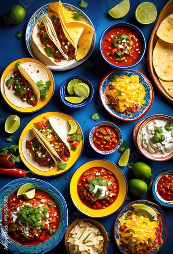 Wallpaper Mural colorful presentation vibrant mexican dishes brightly colored tableware featuring fresh ingredients, tacos, enchiladas, salsa, plates, bowls, food, restaurant Torontodigital.ca
