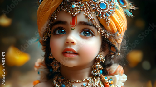 A young child dressed in traditional attire, resembling a deity, with intricate jewelry and vibrant colors.