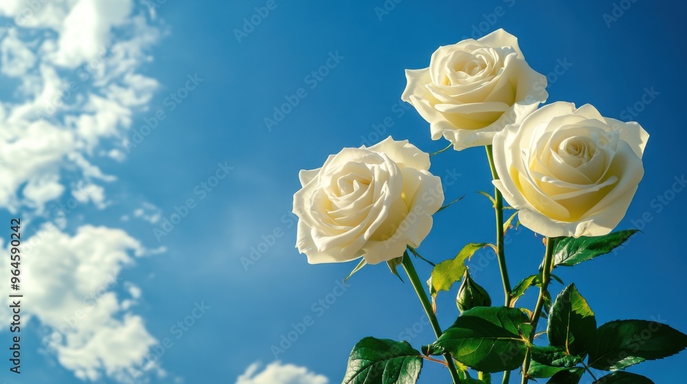 Fototapeta premium White roses against a bright blue sky with fluffy clouds, Ai Generation