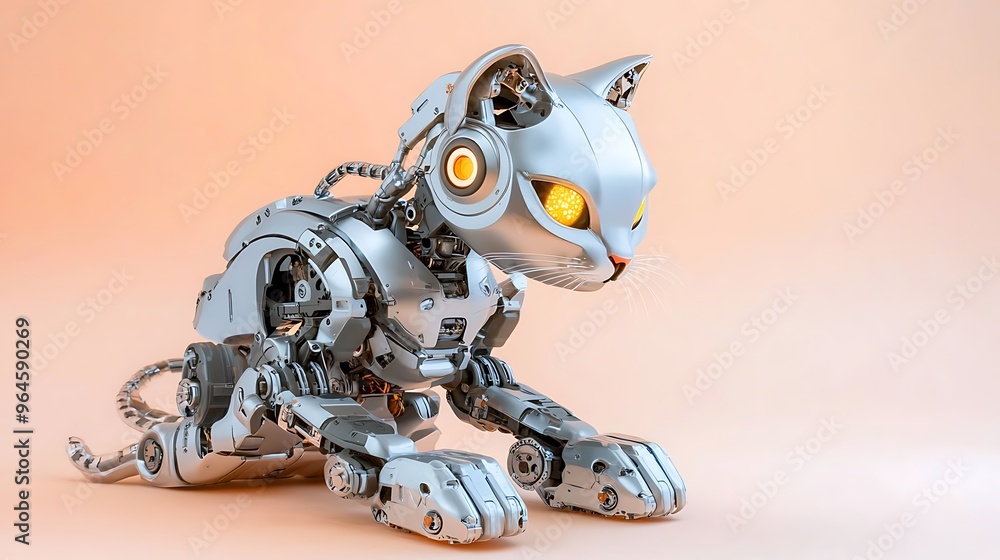 A highly detailed photograph of a robotic cat with sleek metal components and glowing eyes sitting against a peach fuzz tone background. The entire robot is in focus with deep depth of field, and A highly detailed photograph of a robotic cat with sleek metal components and glowing eyes sitting against a peach fuzz tone background. The entire robot is in focus with deep depth of field, and