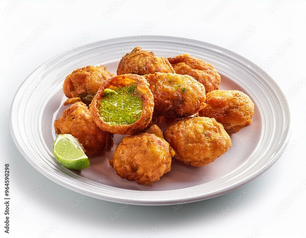 Pakora on white plate serving isolated on a white background Pakora on white plate serving isolated on a white background