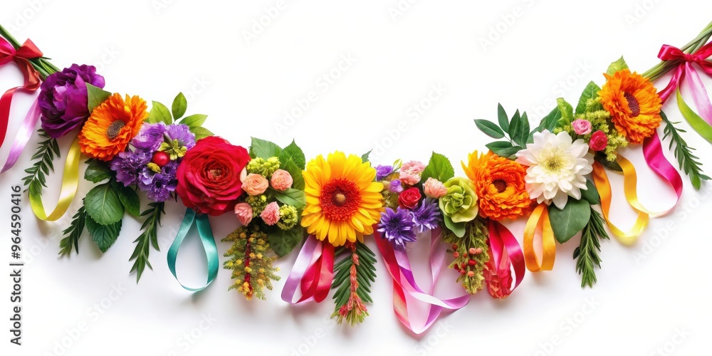 A festive garland made of colorful flowers, leaves, and ribbons A festive garland made of colorful flowers, leaves, and ribbons