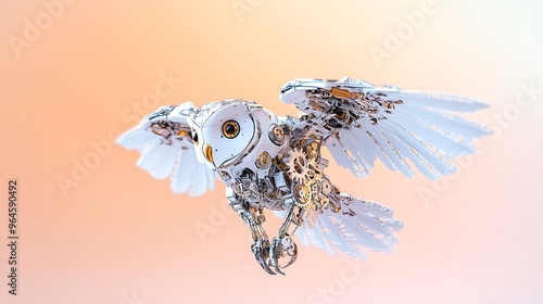 An ultra-sharp image of a robotic owl with intricate metal wings and gears visible against a peach fuzz tone background. The focus covers the entire owl, with a deep depth of field and plenty of copy photo