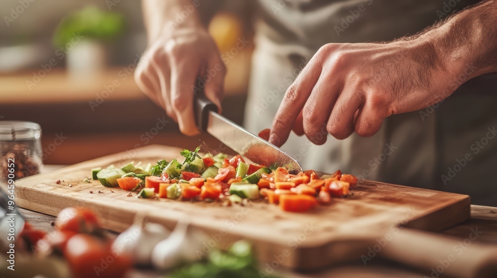 Close-up of a person preparing a balanced meal, chopping vegetables on a wooden board, bright natural light, blurred modern kitchen setting. Close-up of a person preparing a balanced meal, chopping vegetables on a wooden board, bright natural light, blurred modern kitchen setting.