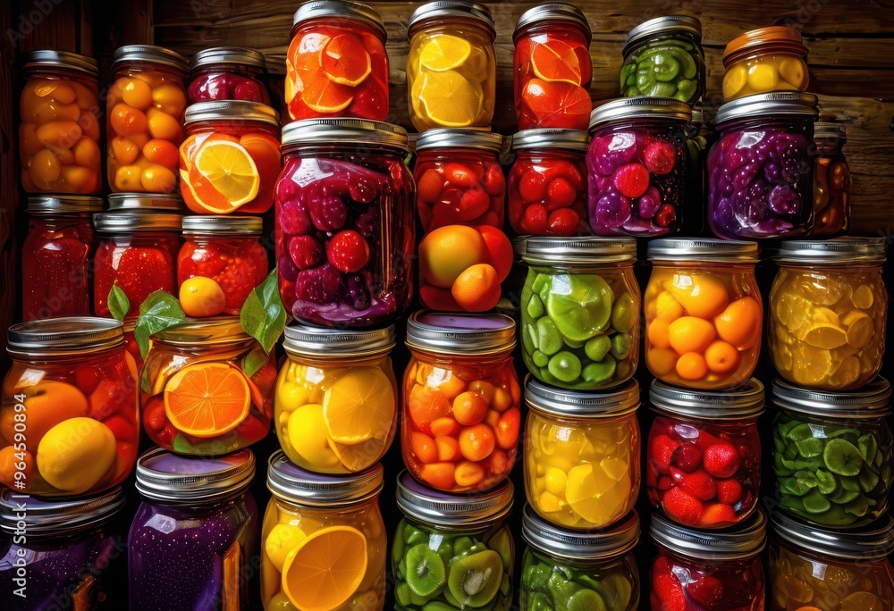 vibrant canned fruits colorful jars showcasing array bright colors textures delightful visual treat, apricots, apples, berries, cherries, dessert, display vibrant canned fruits colorful jars showcasing array bright colors textures delightful visual treat, apricots, apples, berries, cherries, dessert, display