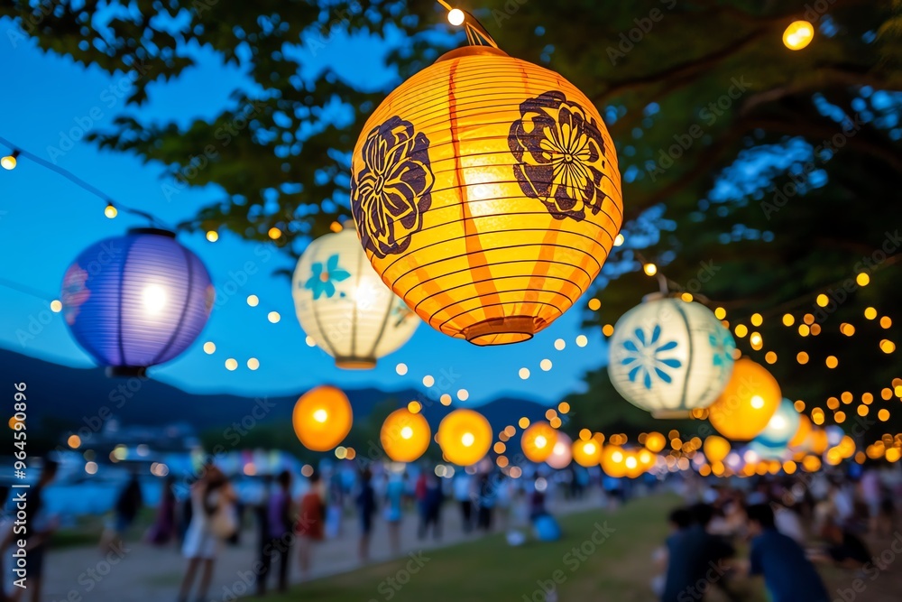 Fototapeta premium Japanese farm, traditional farm festival, lanterns glowing in the night celebrates the harvest season with music, food, and a deep connection to the land