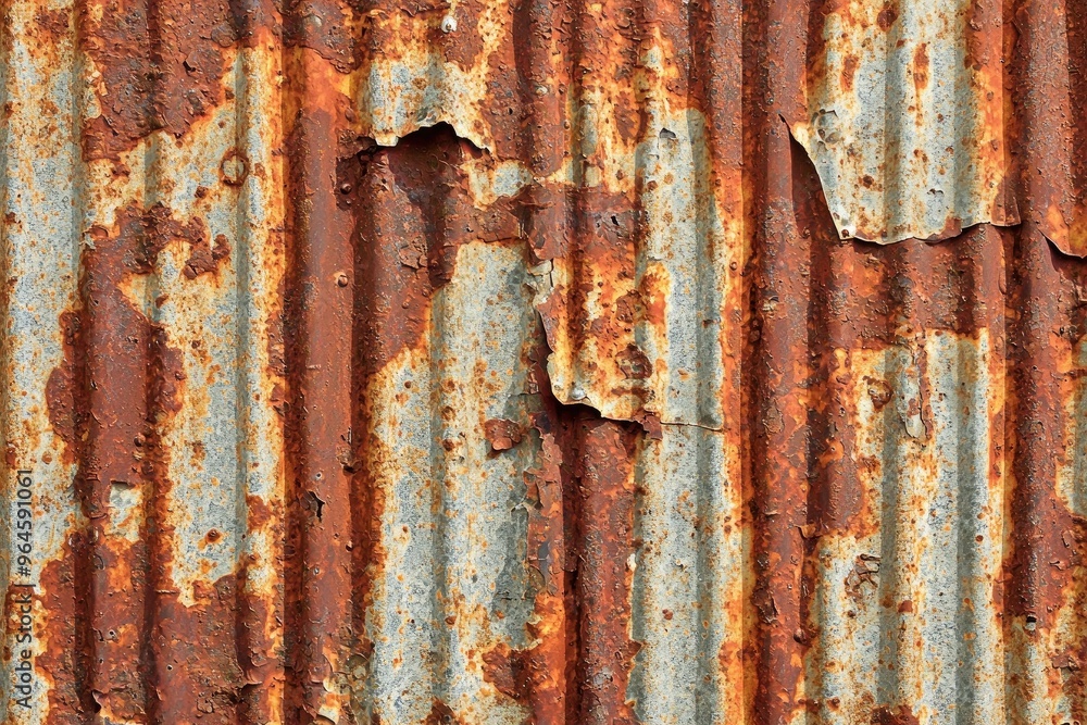 Obraz premium Close-up of rusted corrugated metal with peeling paint, showcasing textures and colors of decay and industrial aging.